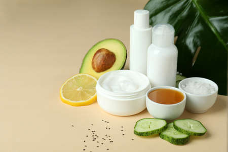 Natural spa cosmetics on beige background, space for textの写真素材