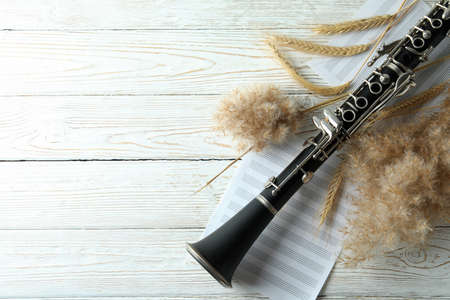 Ð¡larinet, music sheets and reeds on white wooden tableの写真素材