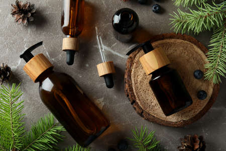 Natural spa cosmetics on gray textured tableの写真素材