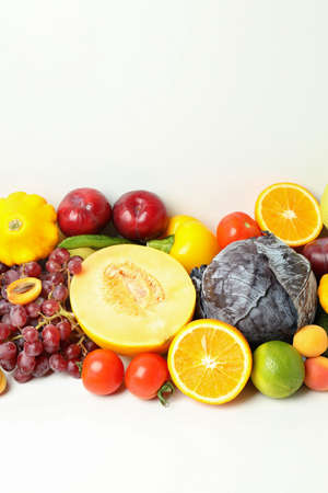 Set of different vegetables and fruits on white background
