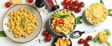 Concept of tasty eating with macaroni with cheese on white backgroundの写真素材
