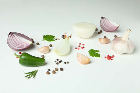 Spicy vegetables on white background, space for text