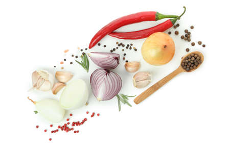 Group of spicy vegetables isolated on white backgroundの写真素材