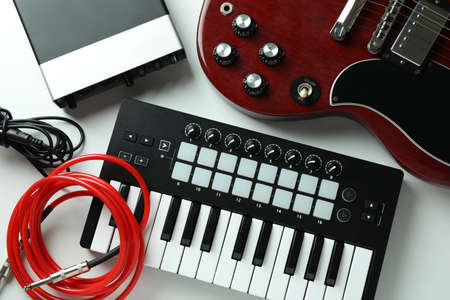 Set of different musical instruments on white background.の写真素材