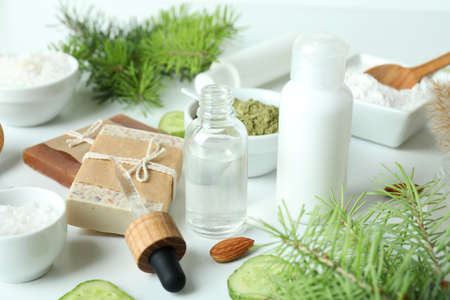 Natural spa cosmetics on white background, close upの写真素材