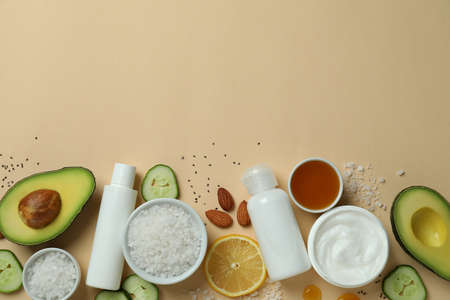 Natural spa cosmetics on beige background, top viewの写真素材
