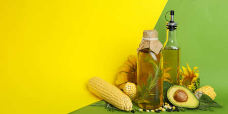 Bottles of oil and ingredients on two tone backgroundの写真素材