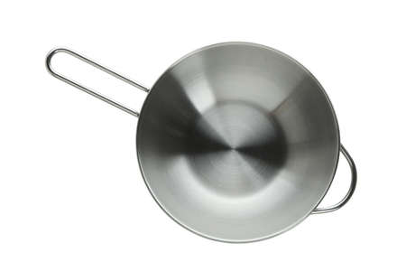 Empty metal saucepan isolated on white backgroundの写真素材