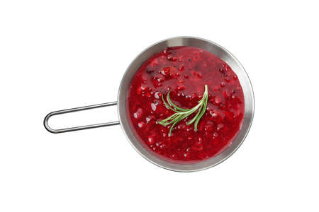 Pan with cranberry sauce isolated on white backgroundの写真素材