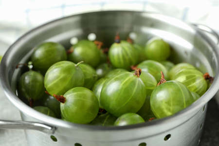 Colander with gooseberry, close up and selective focusの写真素材