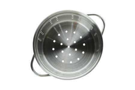 Metal colander pot isolated on white backgroundの写真素材