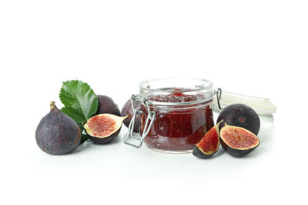 Fig jam and ingredients isolated on white backgroundの写真素材