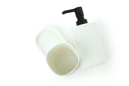 Plastic bathroom accessories isolated on white background