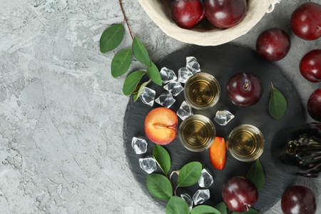 Concept of alcohol with plum vodka, top viewの写真素材