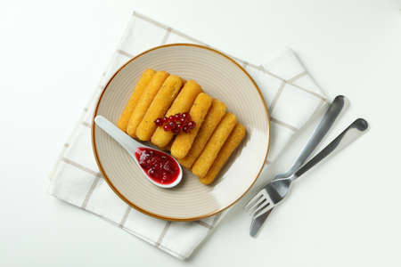 Concept of tasty food with cheese sticks on white backgroundの写真素材