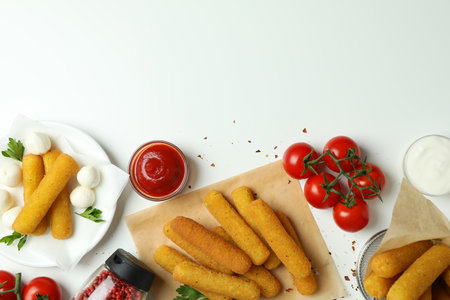 Concept of tasty food with cheese sticks on white backgroundの写真素材