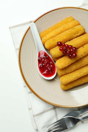 Concept of tasty food with cheese sticks on white backgroundの写真素材