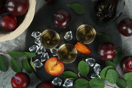 Concept of alcohol with plum vodka, top viewの写真素材