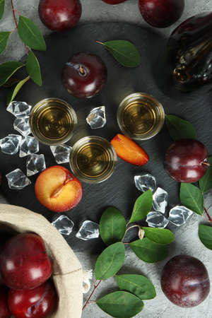 Concept of alcohol with plum vodka, top viewの写真素材