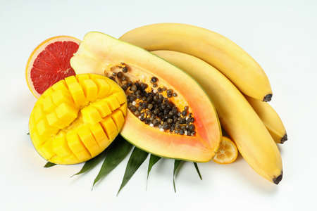 Exotic fruits on white background, close up.の写真素材