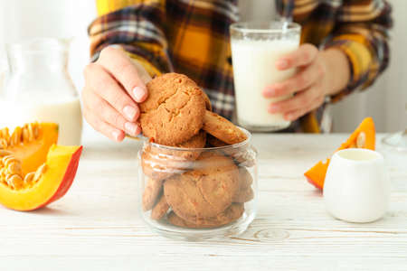 Concept of tasty eating with pumpkin cookies.の写真素材