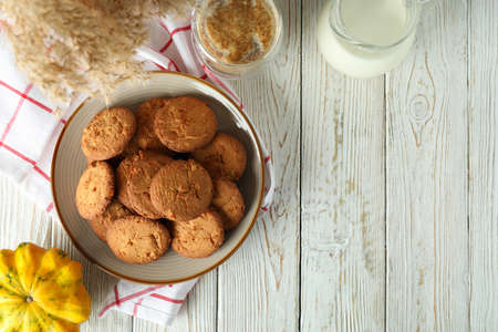Concept of tasty food with pumpkin cookies, space for text.の写真素材