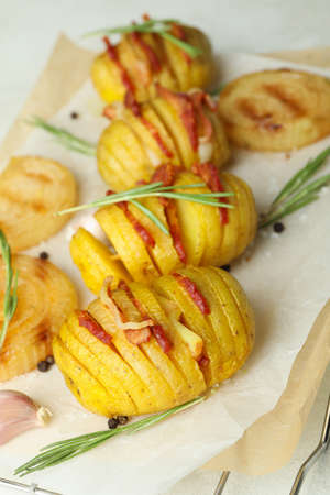 Concept of tasty food with baked potato, close up and selective focus.の写真素材