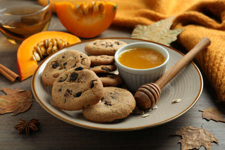 Concept of tasty food with pumpkin cookies, close up.の写真素材