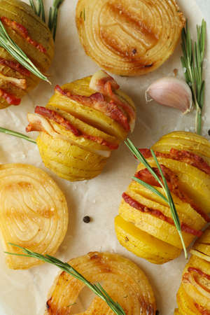 Concept of tasty food with baked potato, close up.の写真素材