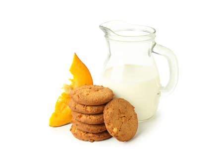 Concept of tasty food with pumpkin cookies isolated on white background.の写真素材