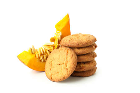 Tasty pumpkin cookies isolated on white background.の写真素材