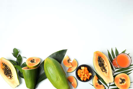 Fresh ripe papaya on white background, space for textの写真素材