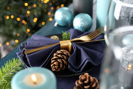 New Year table setting with bokeh on wooden table.の写真素材