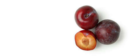 Plums with a half on a white background, space for text.の写真素材