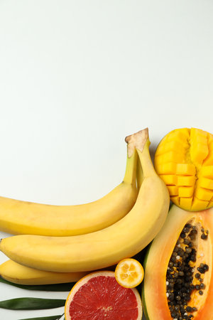 Exotic fruits on white background, space for text.の写真素材