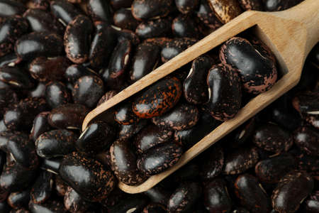 Scoop with black beans all over background.