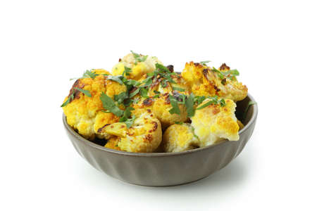 Bowl with baked cauliflower isolated on white background.の写真素材