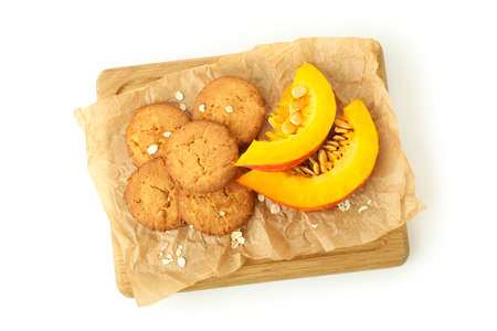 Tasty pumpkin cookies isolated on white background.の写真素材