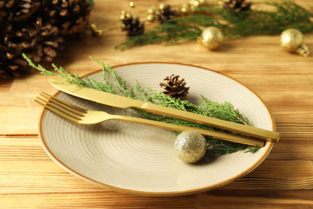 New Year table setting on wooden table.の写真素材