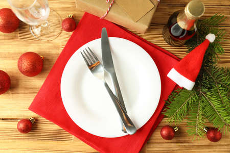 New Year table setting on wooden table.