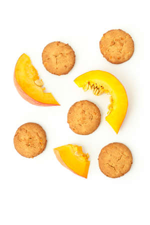Tasty pumpkin cookies isolated on white background.の写真素材