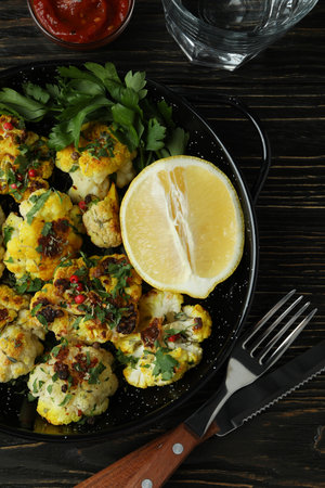 Concept of tasty food with baked cauliflower on wooden background.の写真素材
