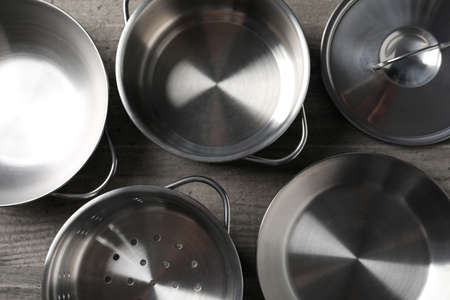 Kitchen utensil on gray textured table, top view.の写真素材