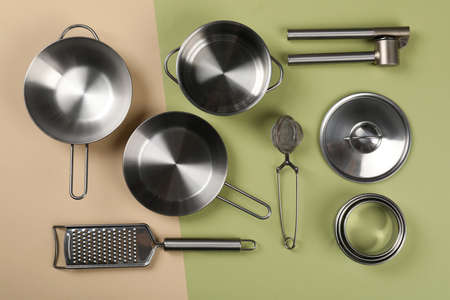 Kitchen utensil on two tone background, top view.の写真素材