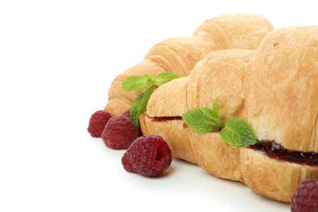 Croissants with raspberry jam isolated on white backgroundの写真素材