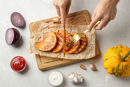 Concept of tasty eating with baked pumpkin.の写真素材