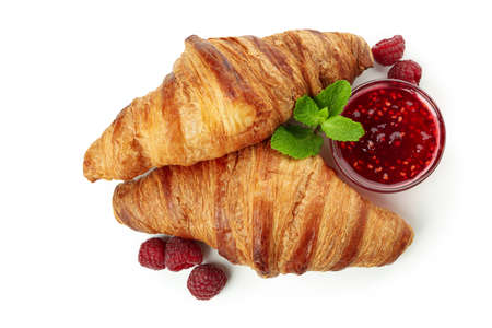 Croissants with raspberry jam isolated on white backgroundの写真素材
