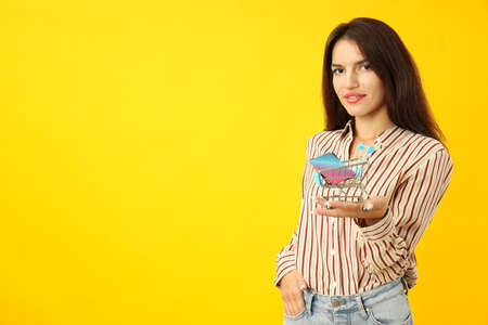 Attractive girl holds shop trolley with credit cards on yellow background.の写真素材