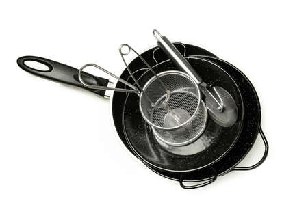 Kitchen utensil on white background, top view.の写真素材