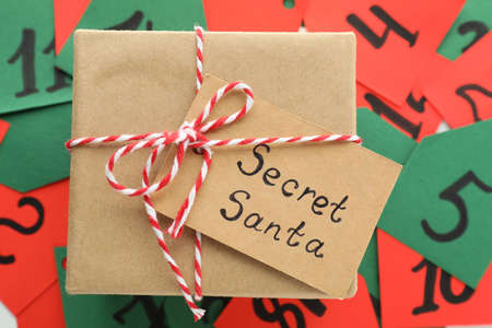 Secret Santa gift box, top view and closeup.
